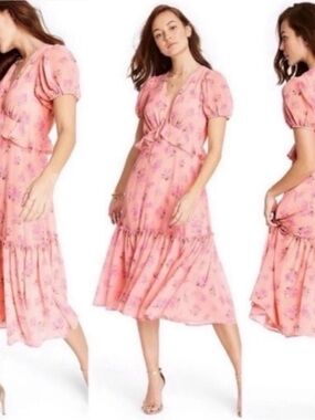 LoveShackFancyxTarget Women's Pink Floral Midi Dress with Tie Front